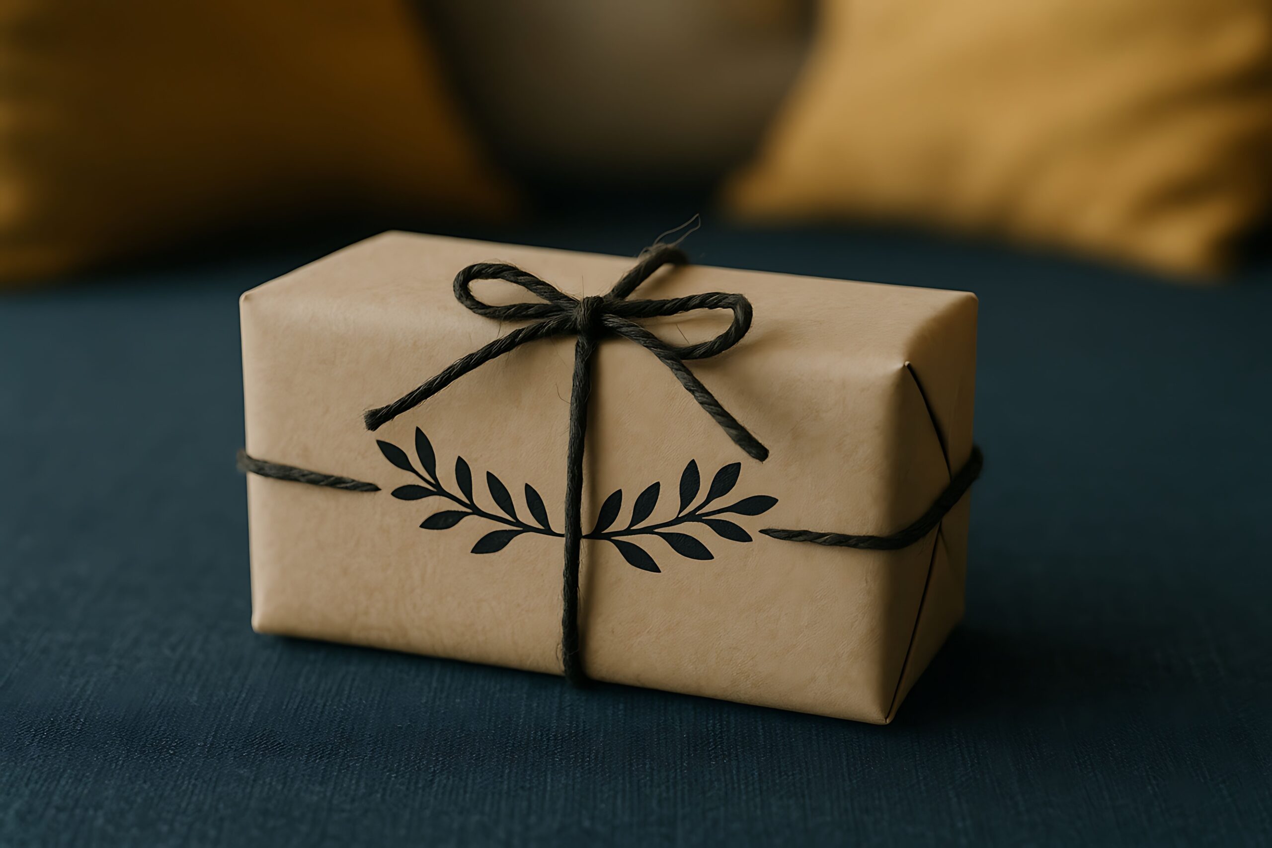 Kleines Geschenk in Naturpapier mit schwarzer Kordel – symbolisch für eine liebevolle Geste mit persönlichem Charakter