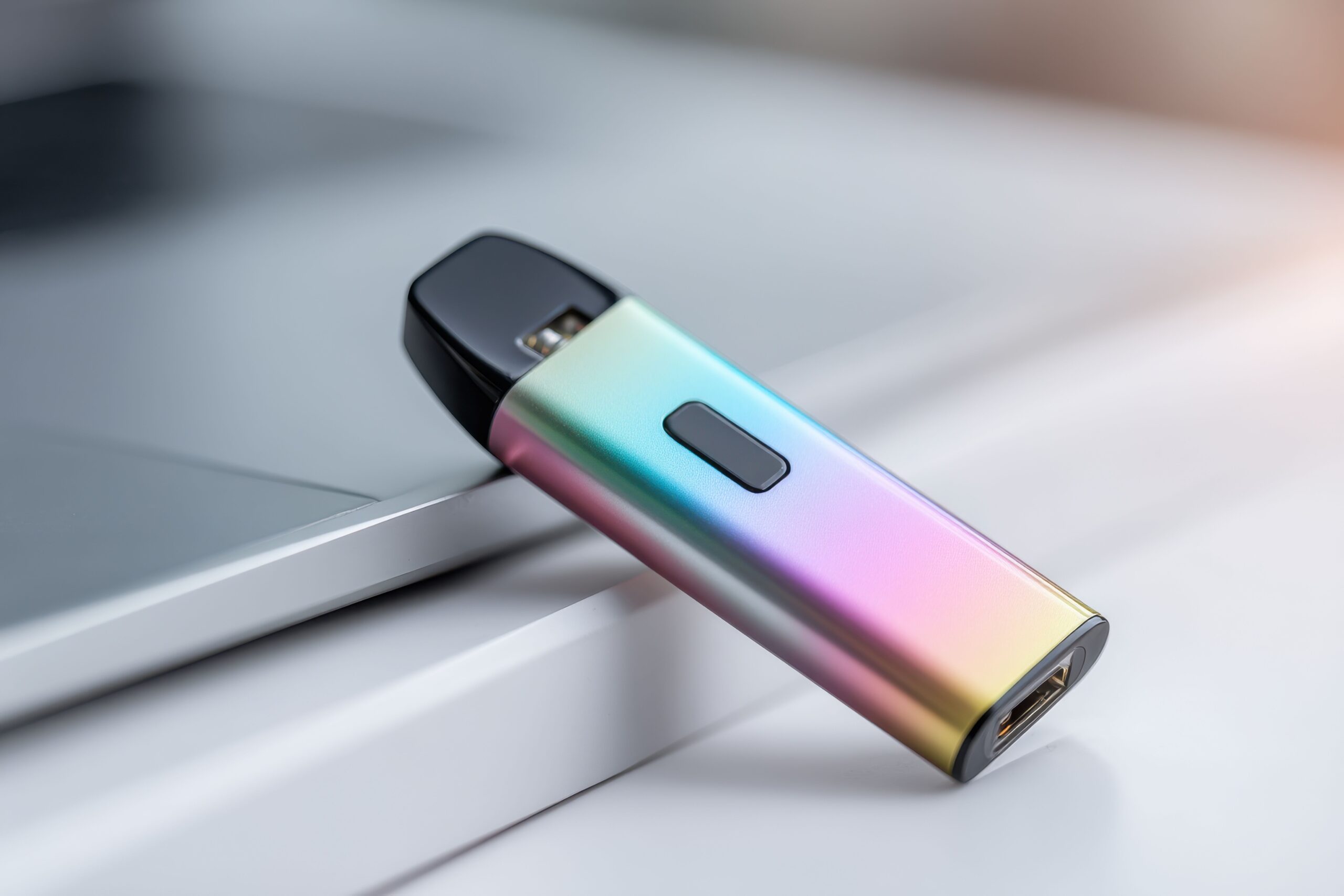 Modernes Vape-Pod-Gerät in Regenbogenfarben liegt auf einem Laptop