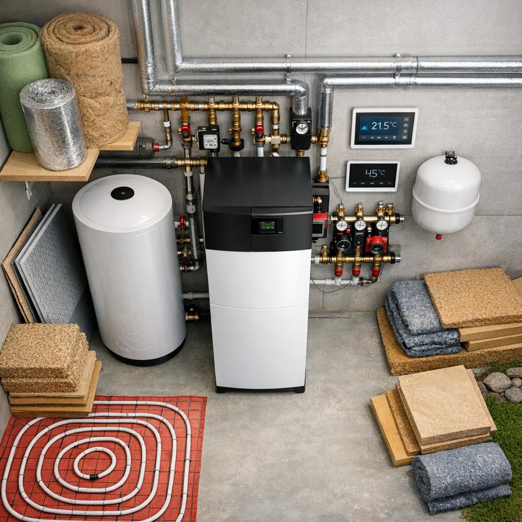 Verbrauchsausweis für moderne Heiztechnik mit Wärmepumpe, Dämmmaterialien und energieeffizienter Fußbodenheizung